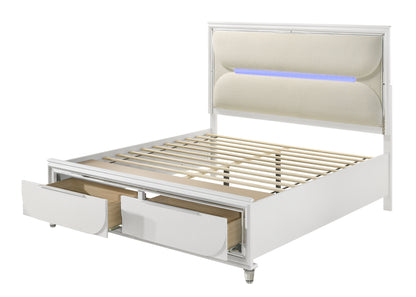 Tarian White Boucle & Pearl White Finish Queen Bed W/LED & Storage