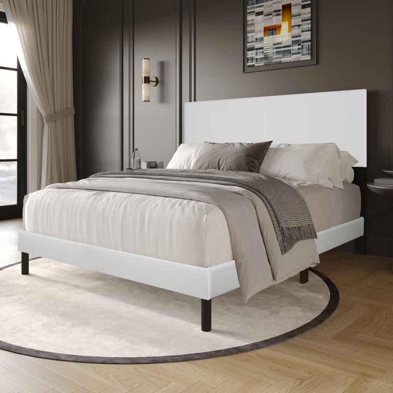 Modern PU Platform Bed Frame with Headboard, Natural Wood Slat Base Support, No Box Spring Needed, Sturdy Quiet Construction, Minimalist Contemporary Bedroom Furniture, Easy Assembly