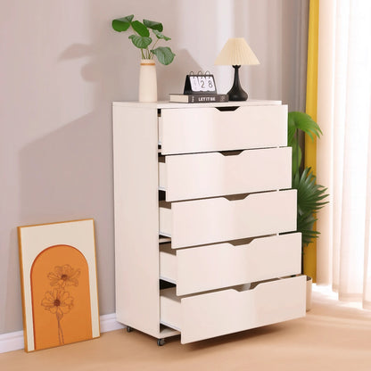 Extra-Wide White Engineered Wood Dresser with Lockable Wheels for Bedroom