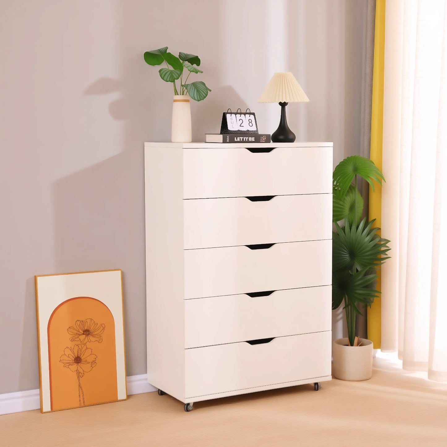 Extra-Wide White Engineered Wood Dresser with Lockable Wheels for Bedroom