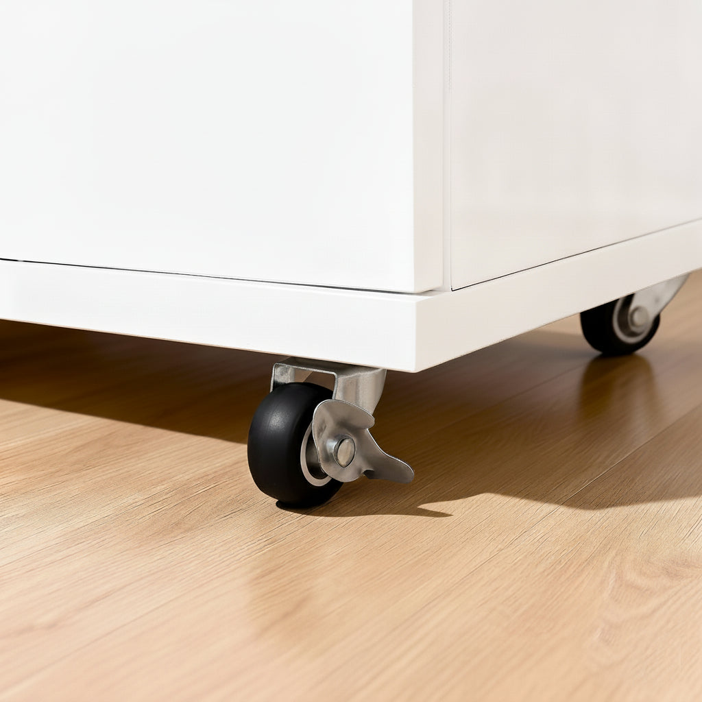 Extra-Wide White Engineered Wood Dresser with Lockable Wheels for Bedroom