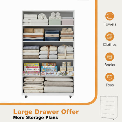 Extra-Wide White Engineered Wood Dresser with Lockable Wheels for Bedroom