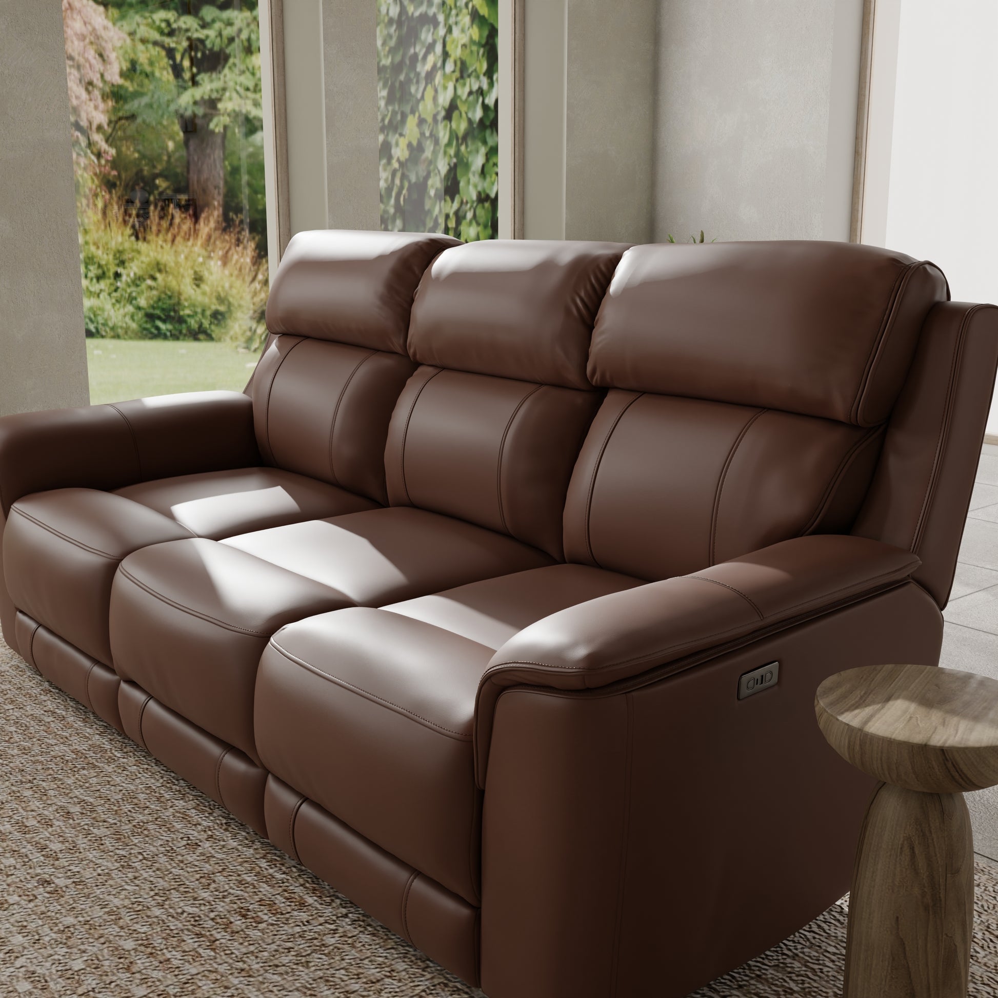 Three-Seat Pecan Leather Reclining Sofa - Dual Power