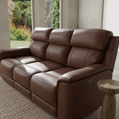 Three-Seat Pecan Leather Reclining Sofa - Dual Power