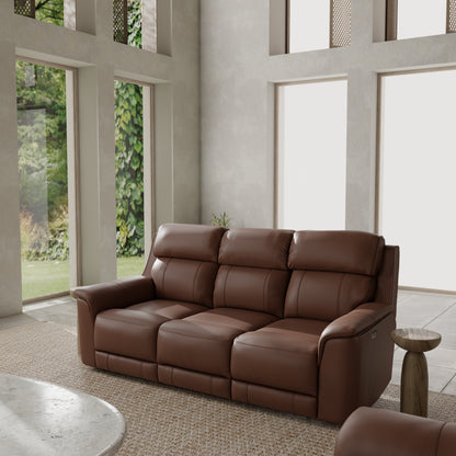Three-Seat Pecan Leather Reclining Sofa - Dual Power