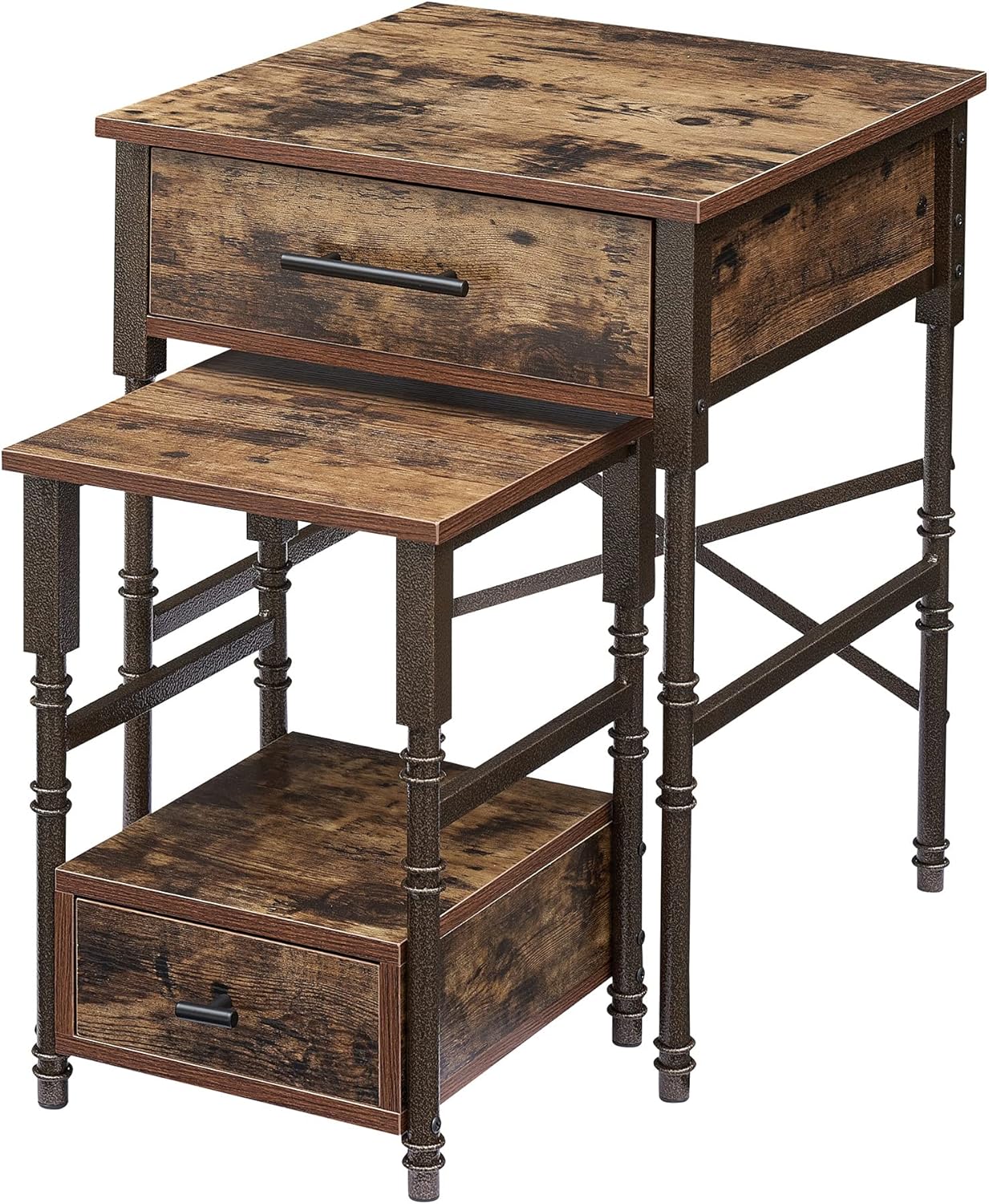 Nesting End Tables with Drawers, Metal Frame & Wooden Top, Stackable Small & Large Side Tables for Living Room, Bedroom, Sofa Side (Brown)