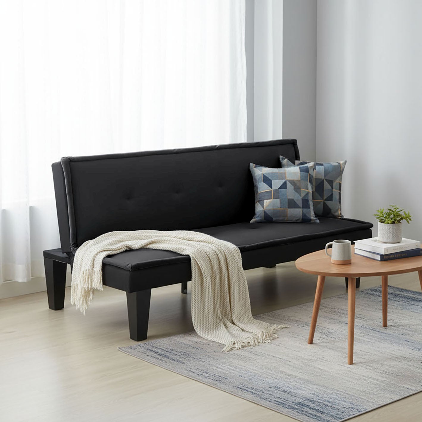 Living Room Black Convertible Sofa Bed - Twin Size, Microsuede Futon for Small Spaces
