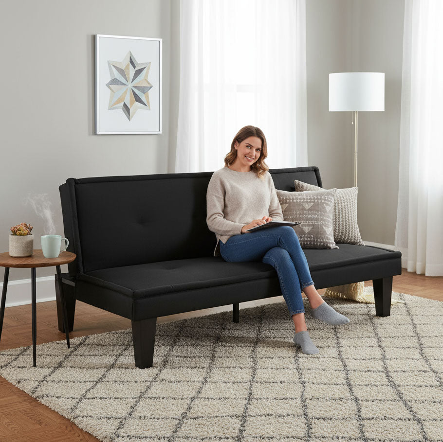 Living Room Black Convertible Sofa Bed - Twin Size, Microsuede Futon for Small Spaces