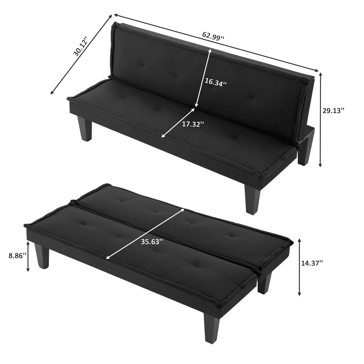 Living Room Black Convertible Sofa Bed - Twin Size, Microsuede Futon for Small Spaces