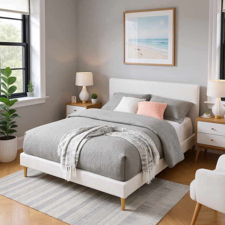 King Size White Upholstered Bed Frame with Headboard