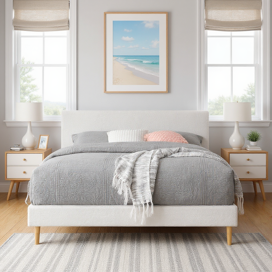 King Size White Upholstered Bed Frame with Headboard