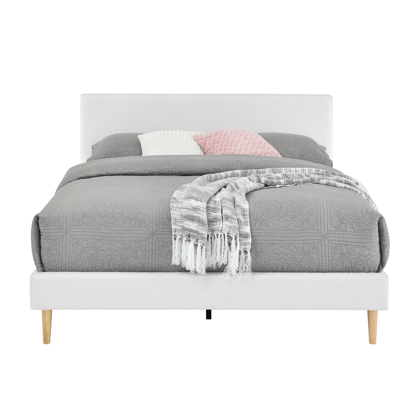 King Size White Upholstered Bed Frame with Headboard