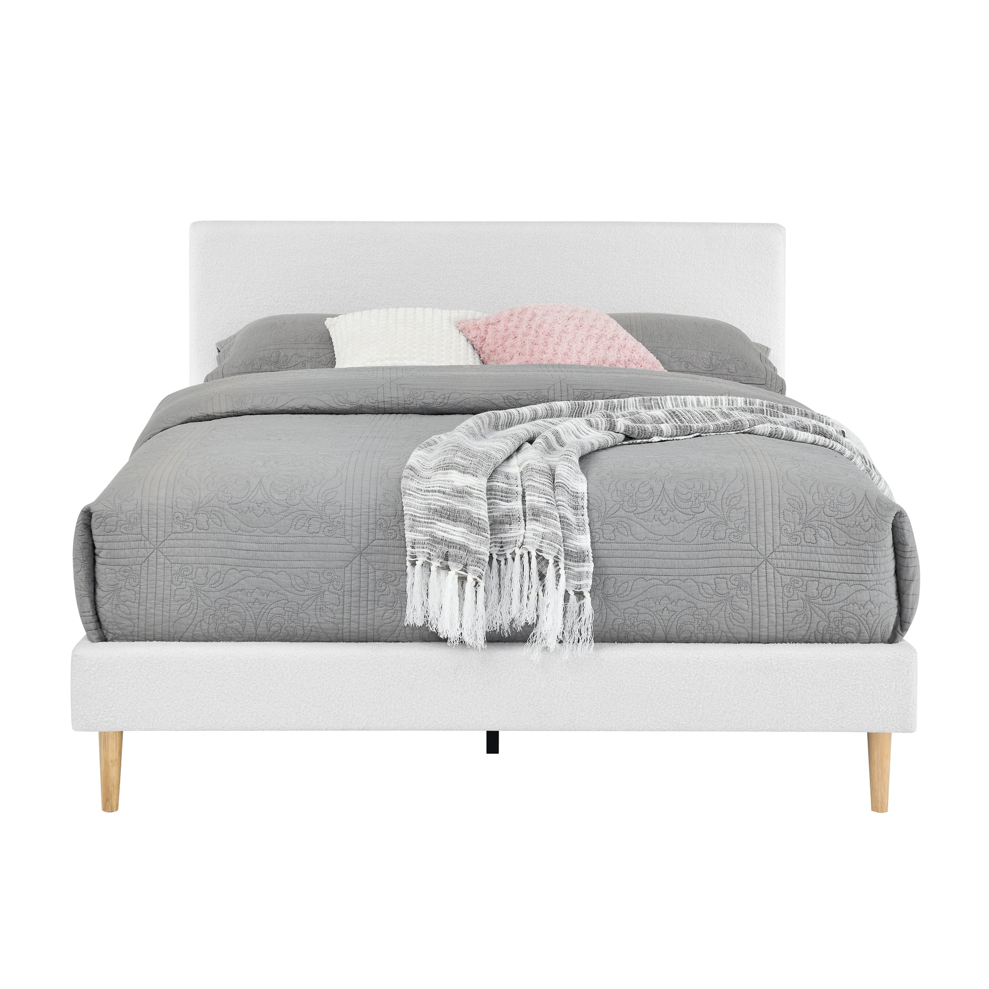 King Size White Upholstered Bed Frame with Headboard
