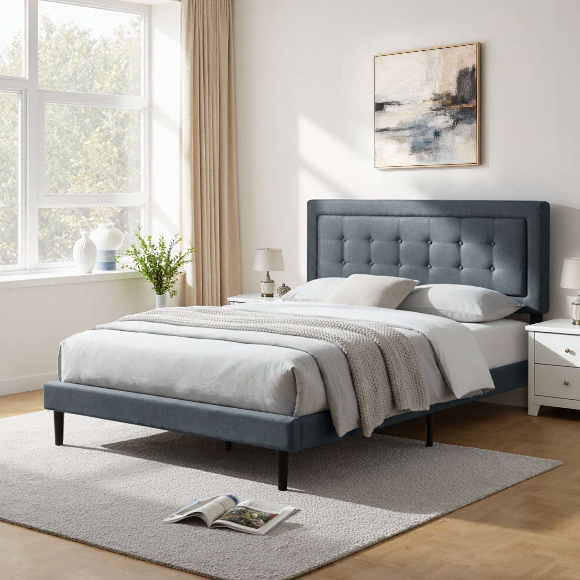 King Size Linen Upholstered Bed Frame Dark Gray for Bedroom
