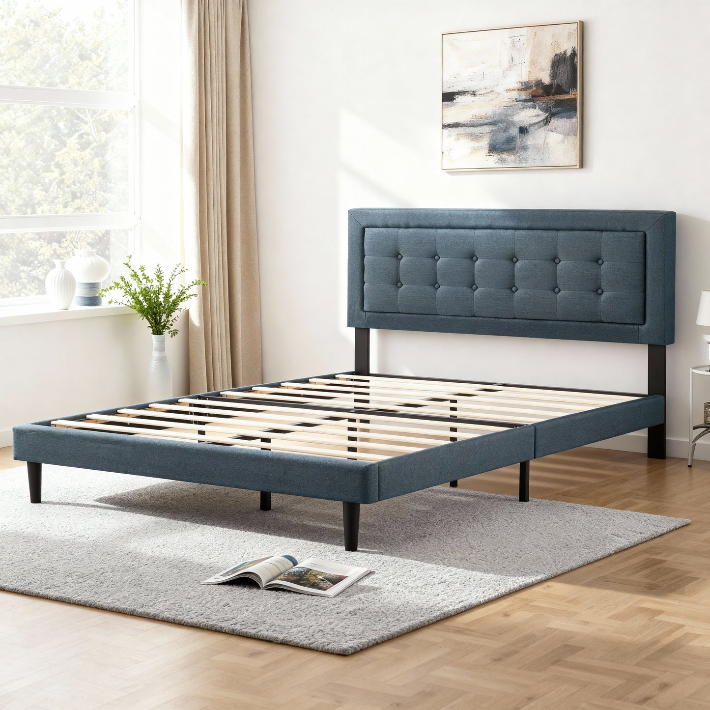 King Size Linen Upholstered Bed Frame Dark Gray for Bedroom