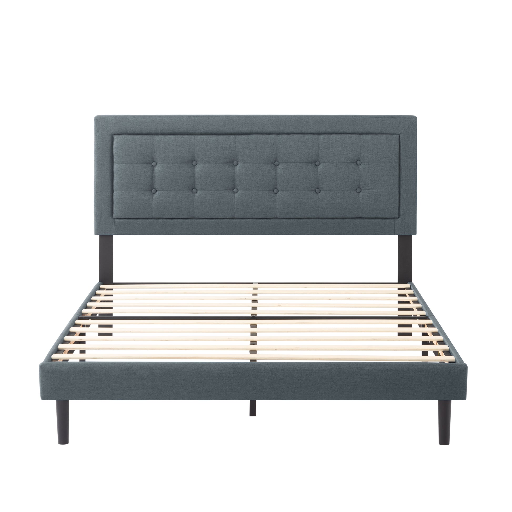 King Size Platform Bed Frame, Upholstered Tufted Headboard with Solid Wood Slats Support, Dark Gray