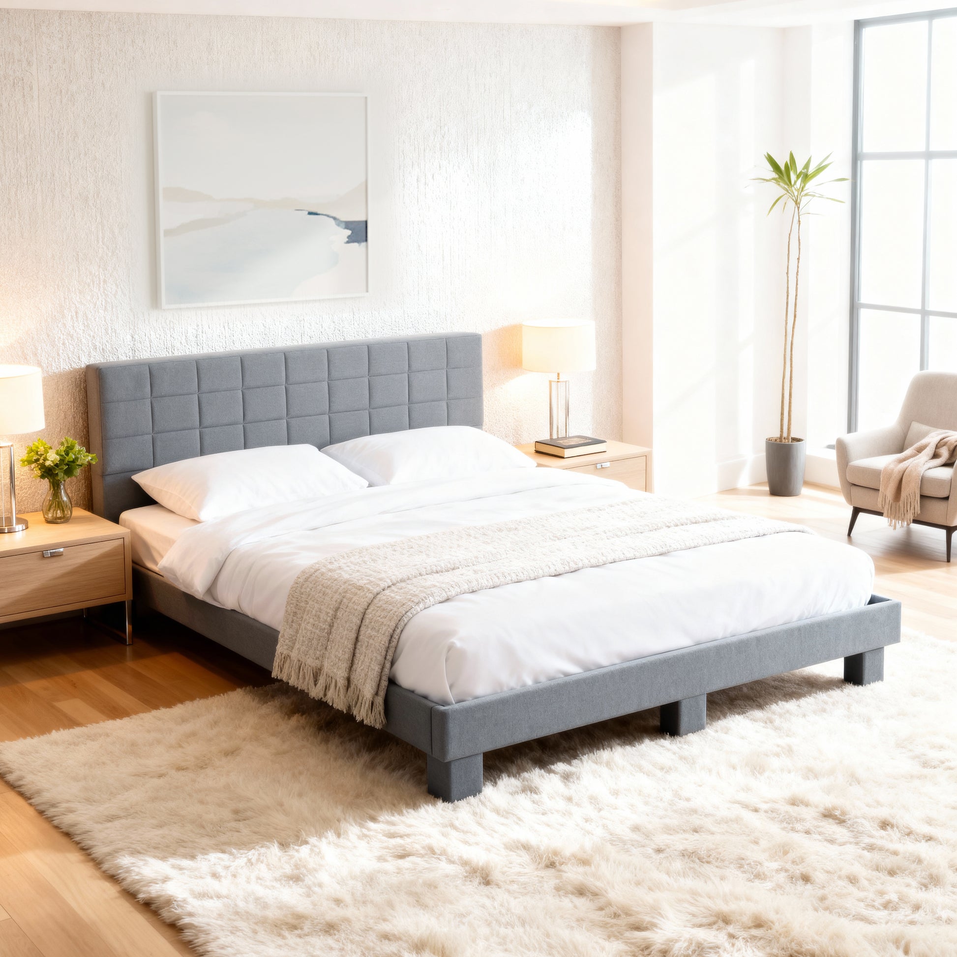 King Size Linen Upholstered Bed Frame Light Gray
