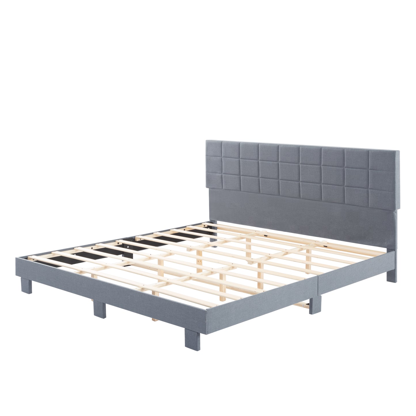 King Size Platform Bed Frame, Upholstered Tufted Headboard with Solid Wood Slats Support, Light Gray