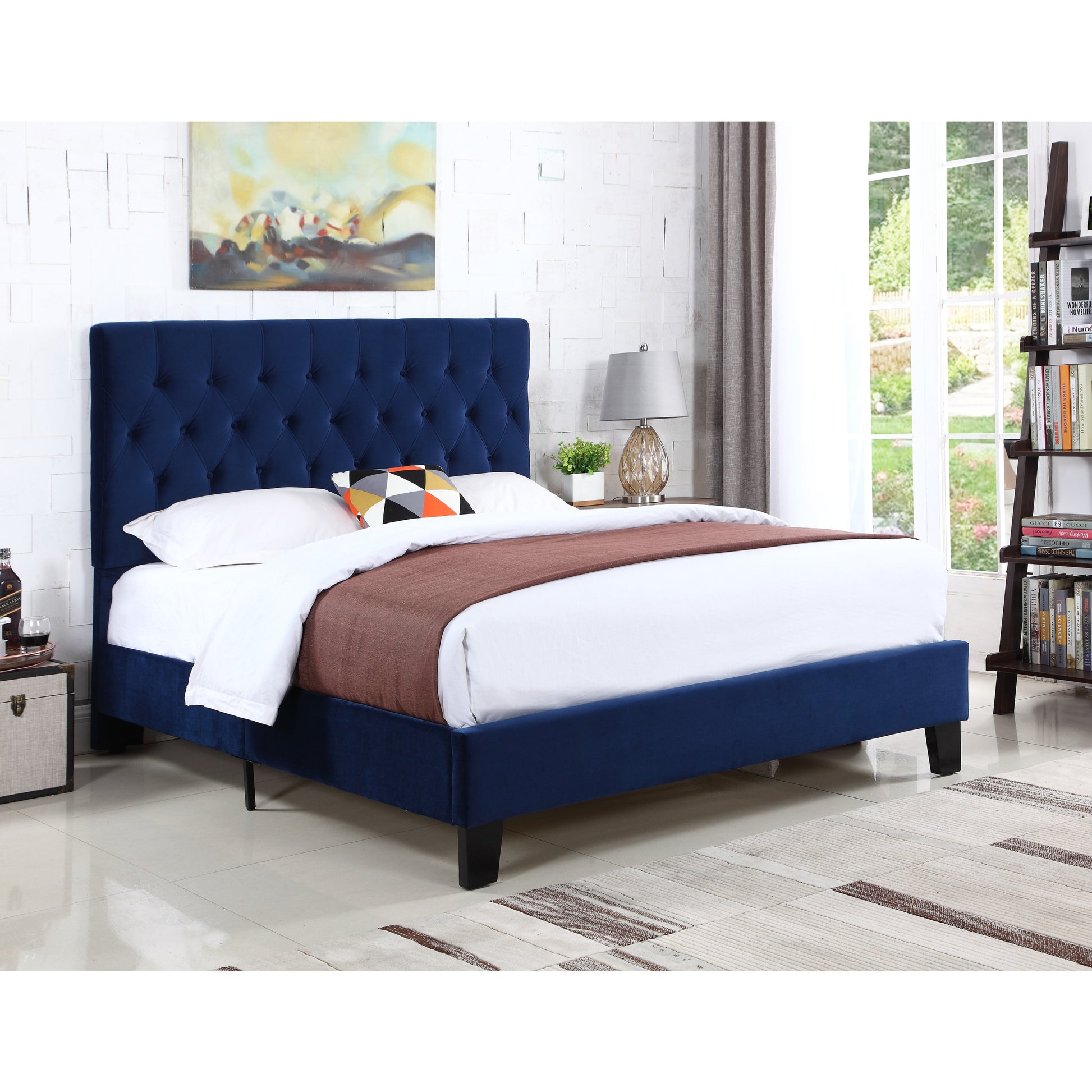 California King Blue Fabric Upholstered Bed