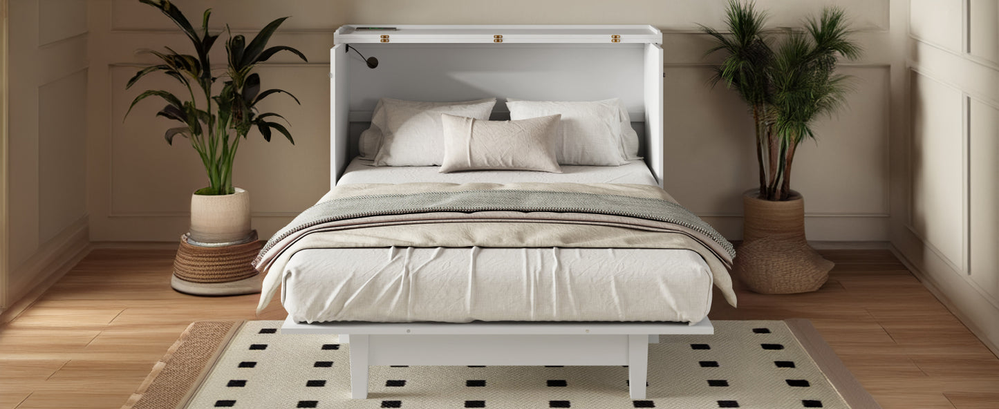 Full Size White Pine Murphy Bed with Storage Cabinet for Bedroom