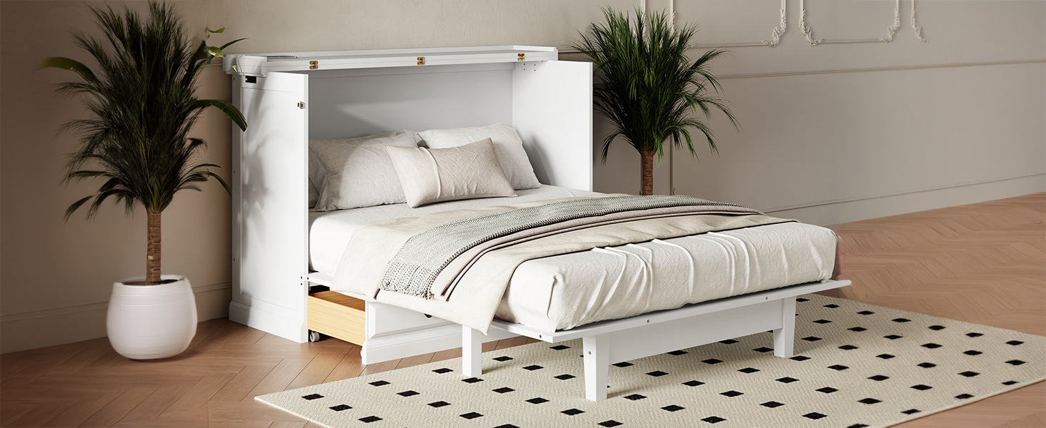 Full Size White Pine Murphy Bed with Storage Cabinet for Bedroom