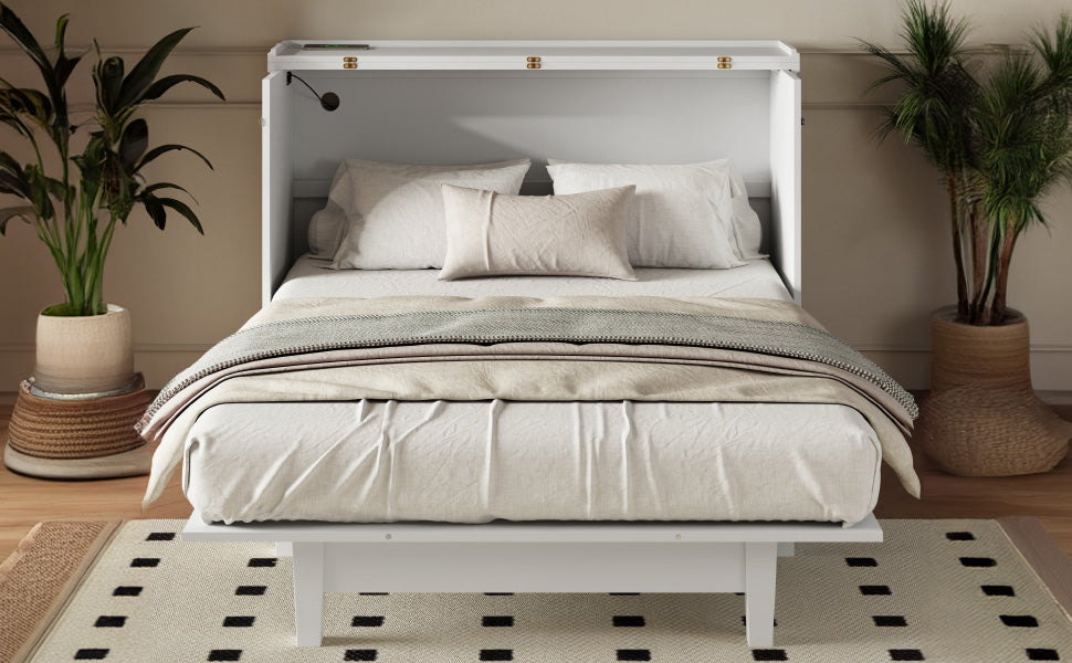 Full Size White Pine Murphy Bed with Storage Cabinet for Bedroom