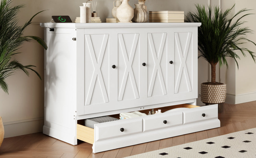 Full Size White Pine Murphy Bed with Storage Cabinet for Bedroom