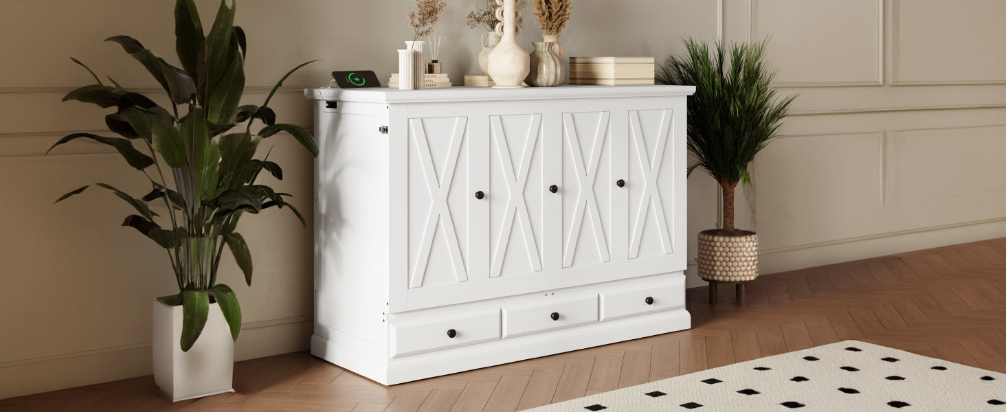 Full Size White Pine Murphy Bed with Storage Cabinet for Bedroom