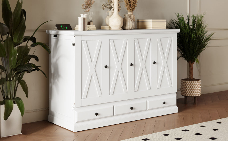 Full Size White Pine Murphy Bed with Storage Cabinet for Bedroom