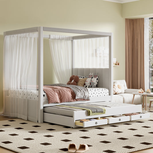 Twin Size Upholstery Canopy Platform Bed with Trundle and Three Storage Drawers, Beige