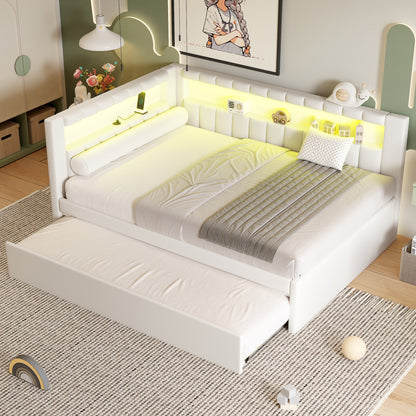 Upholstered Full Size Bed with Trundle, White for Bedroom