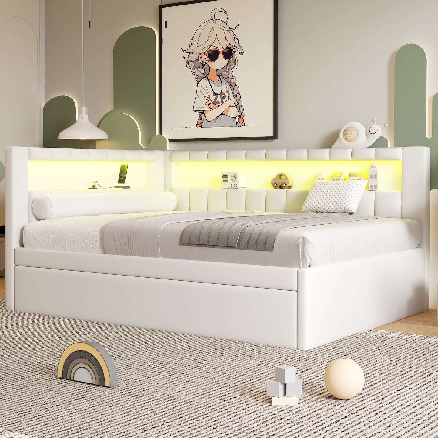 Upholstered Full Size Bed with Trundle, White for Bedroom