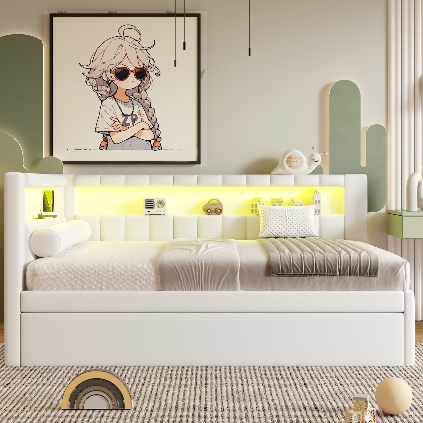 Upholstered Full Size Bed with Trundle, White for Bedroom