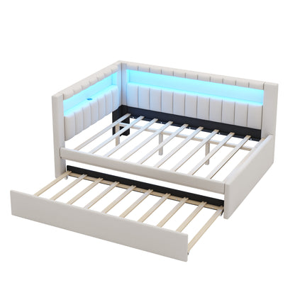 Upholstered Full Size Bed with Trundle, White for Bedroom