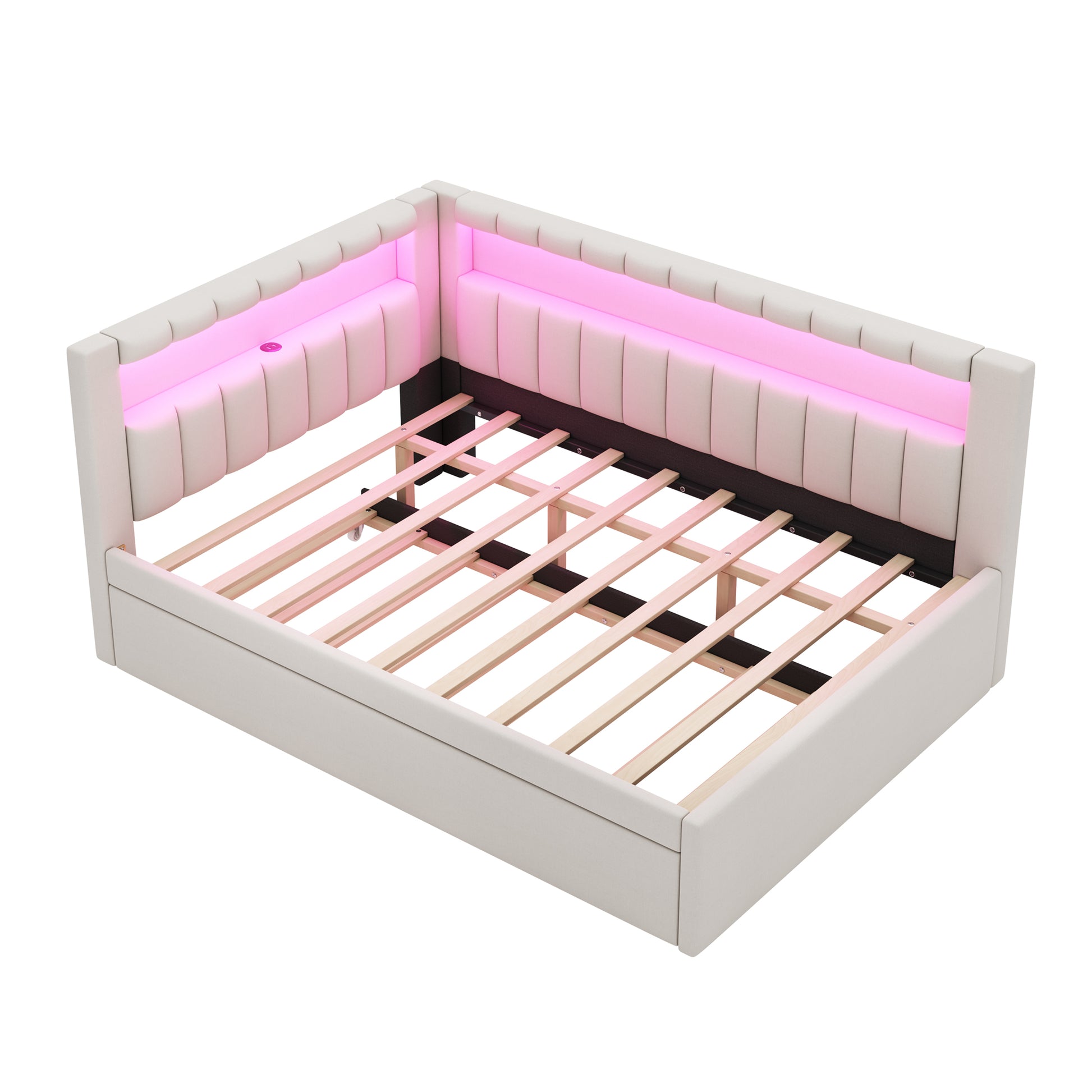 Upholstered Full Size Bed with Trundle, White for Bedroom