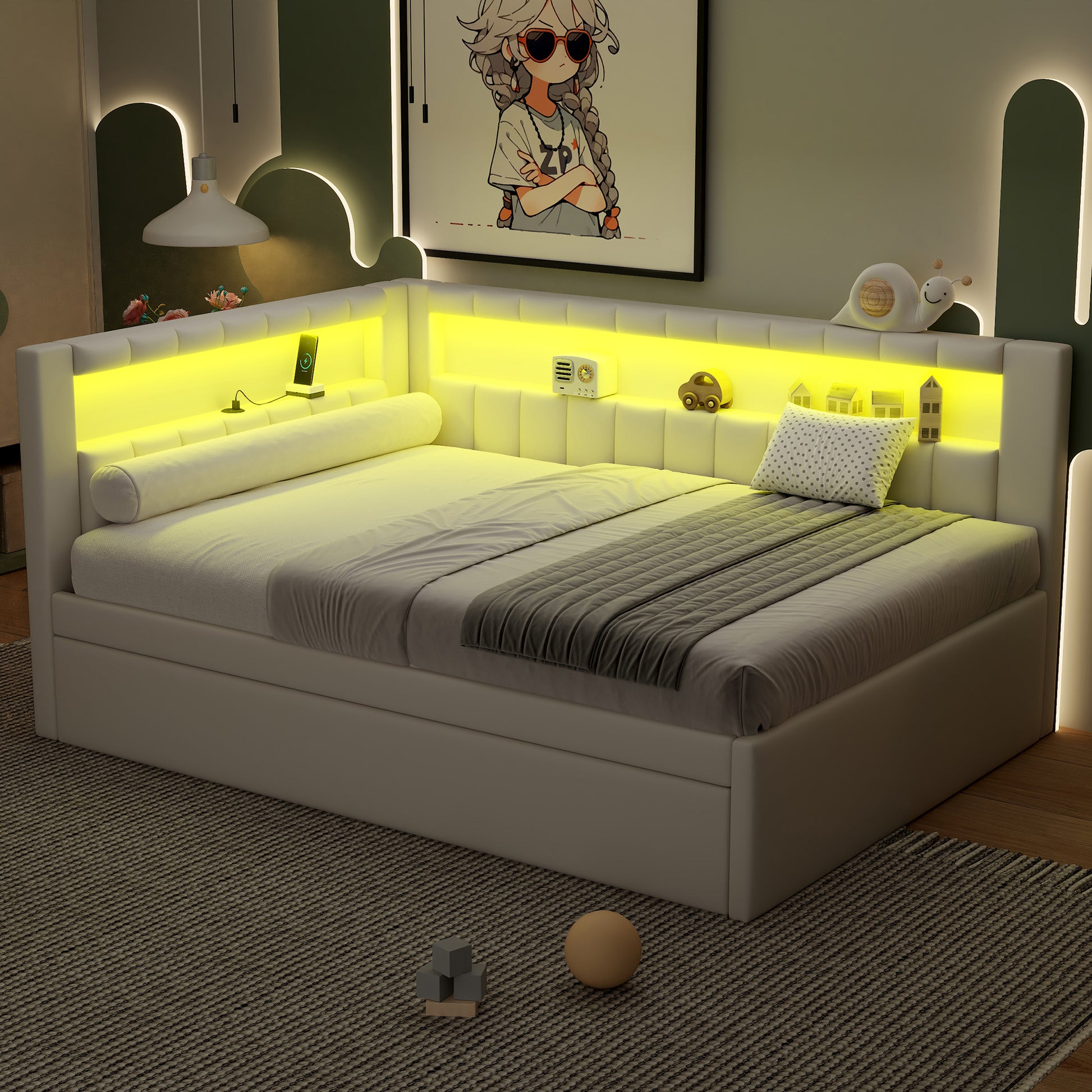 Upholstered Full Size Platform Bed with USB Ports and LED Belt, With Trundle, White