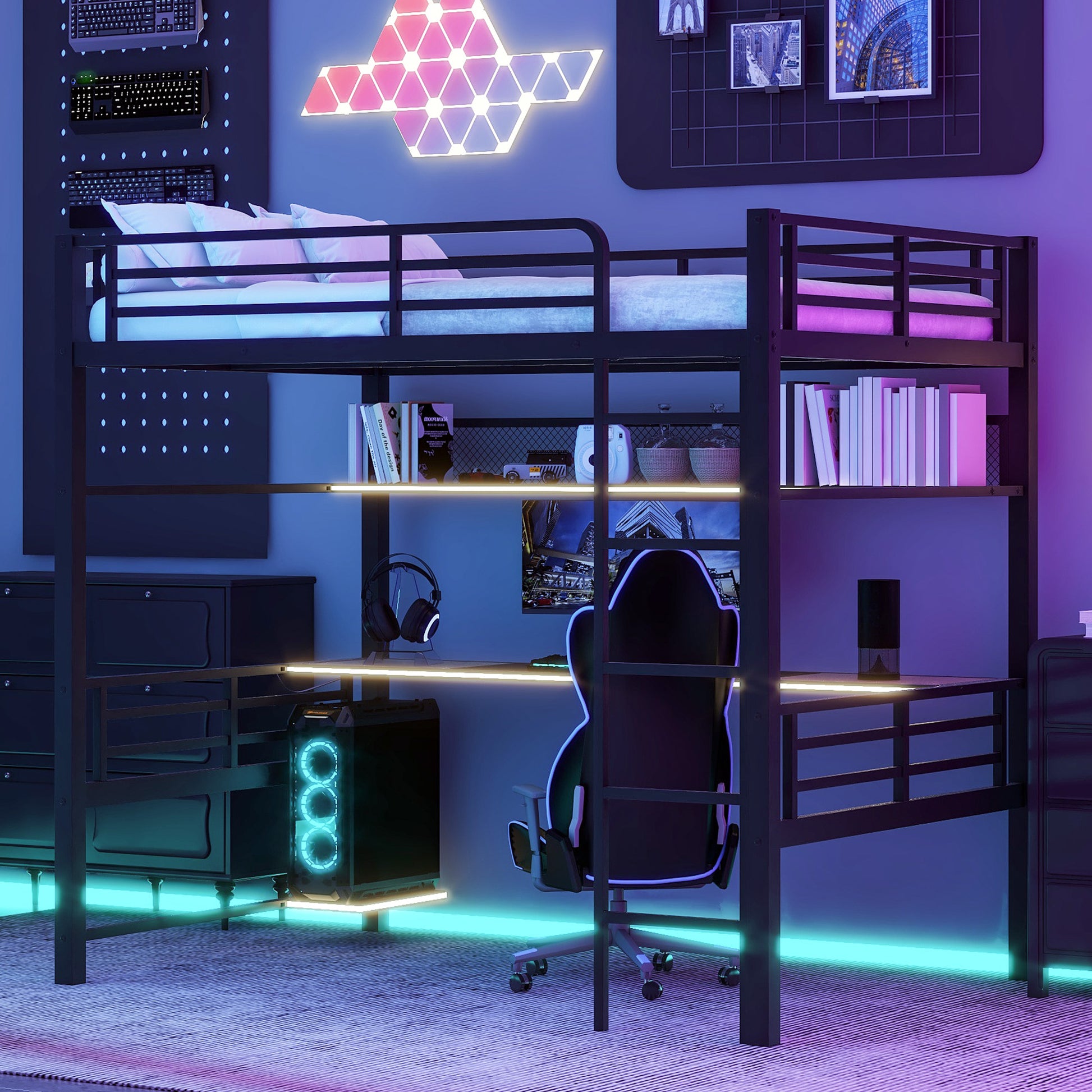 Full Size Metal Loft Bed Frame with Storage Shelf and LED Light,Iron mesh,Black