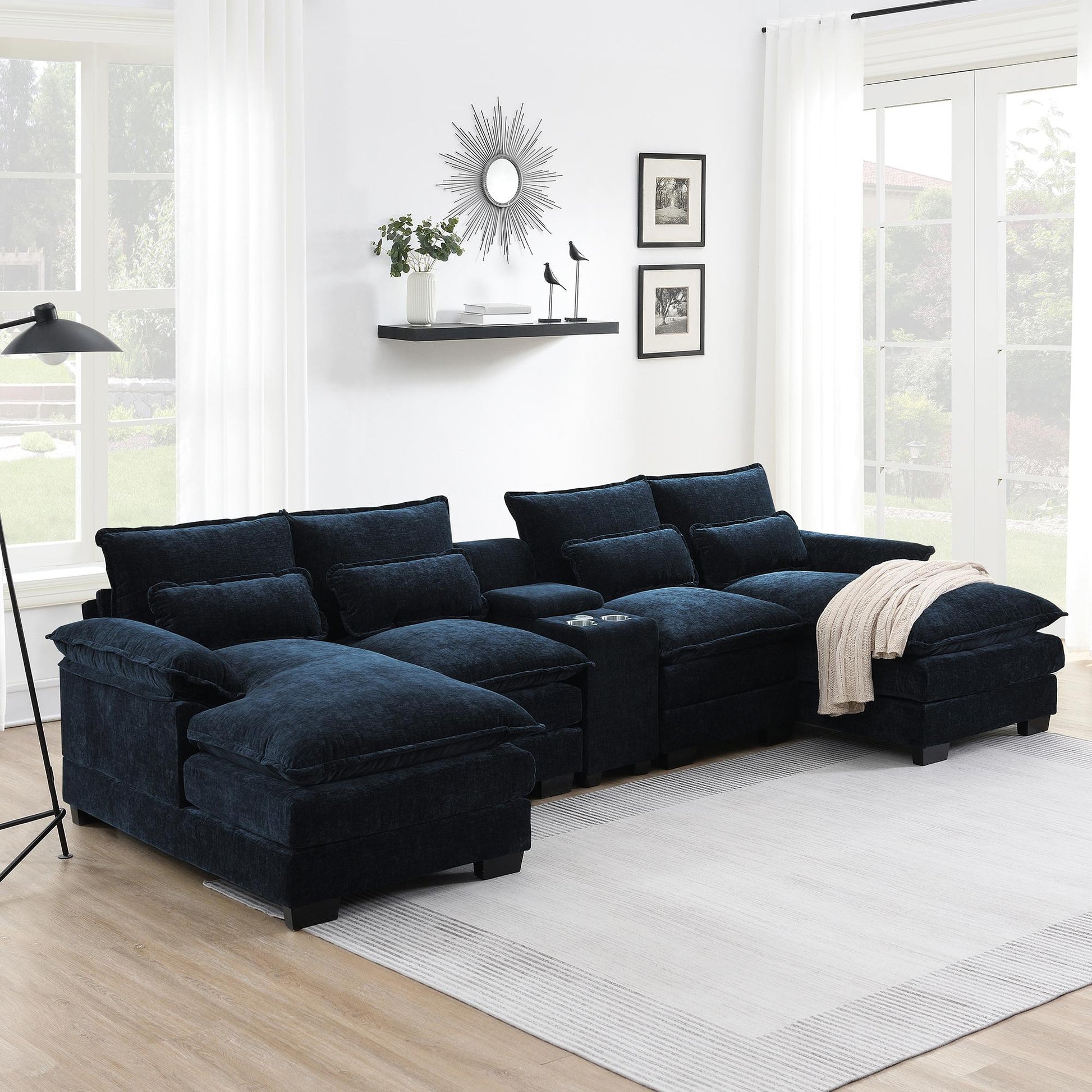 123*55"Modern U-shaped Sectional Sofa with Console,Cup Holders and USB Charger,6 Seat Upholstered Symmetrical Indoor Furniture,Comfy Chenille Cloud Couch with Chaise for Living Room,Apartment,5 Colors