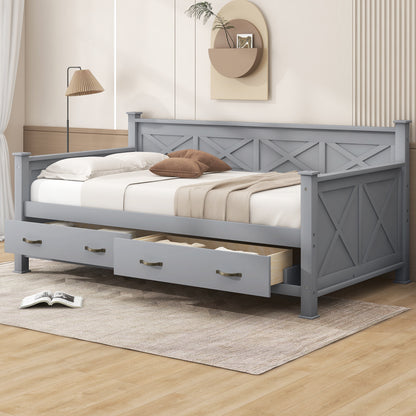 Twin Size Daybed with 2 Large Drawers, X-shaped Frame, Modern and Rustic Casual Style Daybed, Gray