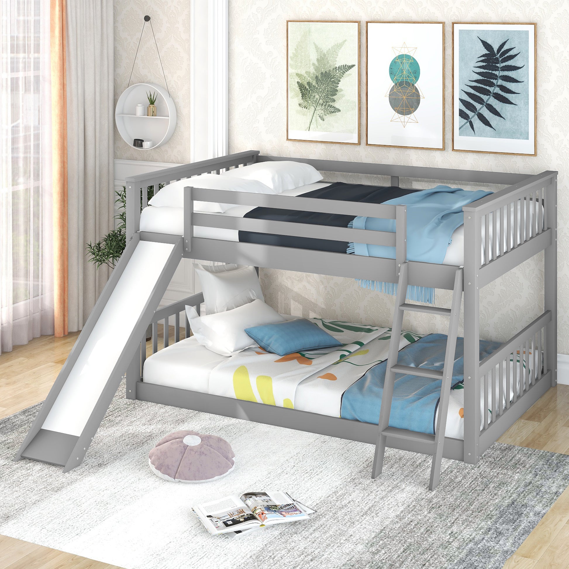 Full over Full Bunk Bed with Convertible Slide and Ladder, Gray(Old SKU: GX000708AAE)