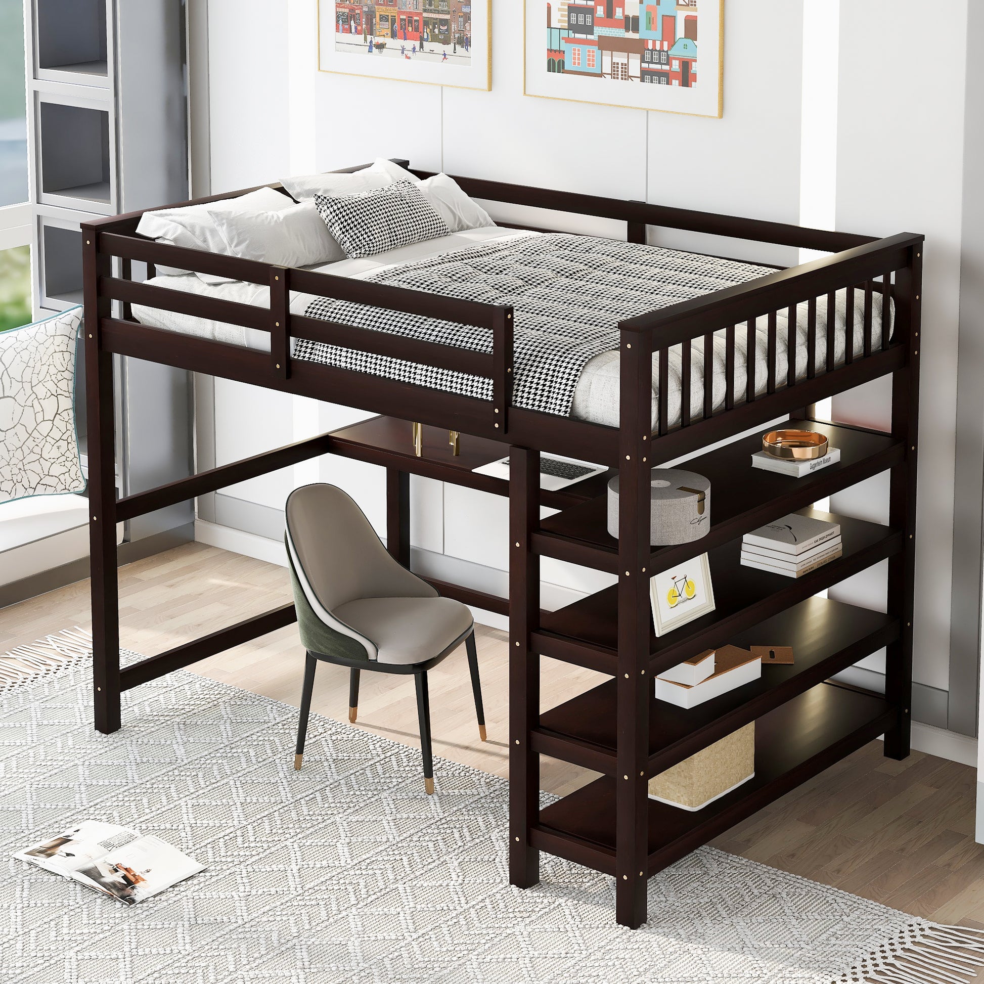 Espresso Full Size Loft Bed with Storage for Bedroom