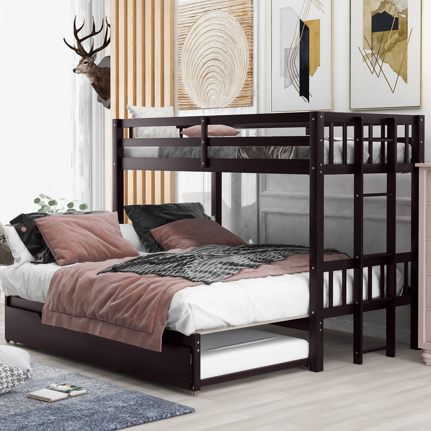 Twin over Pull-out Bunk Bed with Trundle, Espresso(Old SKU:SM000301AAP-1)