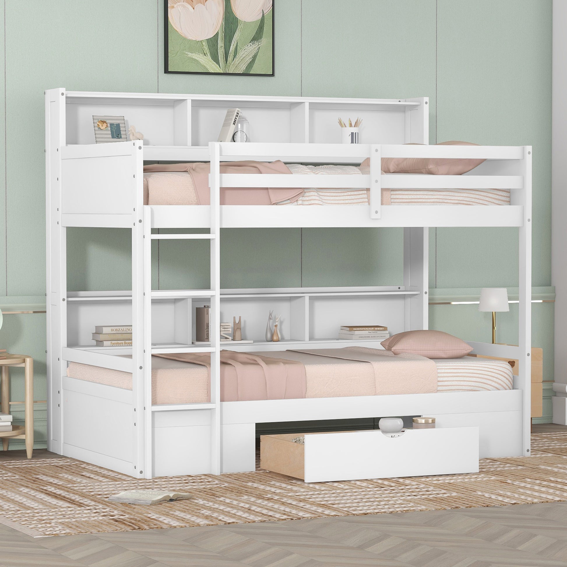 Twin Size Bunk Bed with Built-in Shelves Beside both Upper and Down Bed and Storage Drawer,White(Old SKU: GX000323AAK)