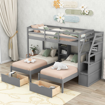 Twin over Twin&Twin Bunk Bed, Triple Bunk Bed with Drawers, Staircase with Storage, Built-in Shelves, Gray(Old SKU:GX000324AAE)