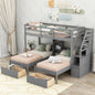 Twin over Twin&Twin Bunk Bed, Triple Bunk Bed with Drawers, Staircase with Storage, Built-in Shelves, Gray(Old SKU:GX000324AAE)