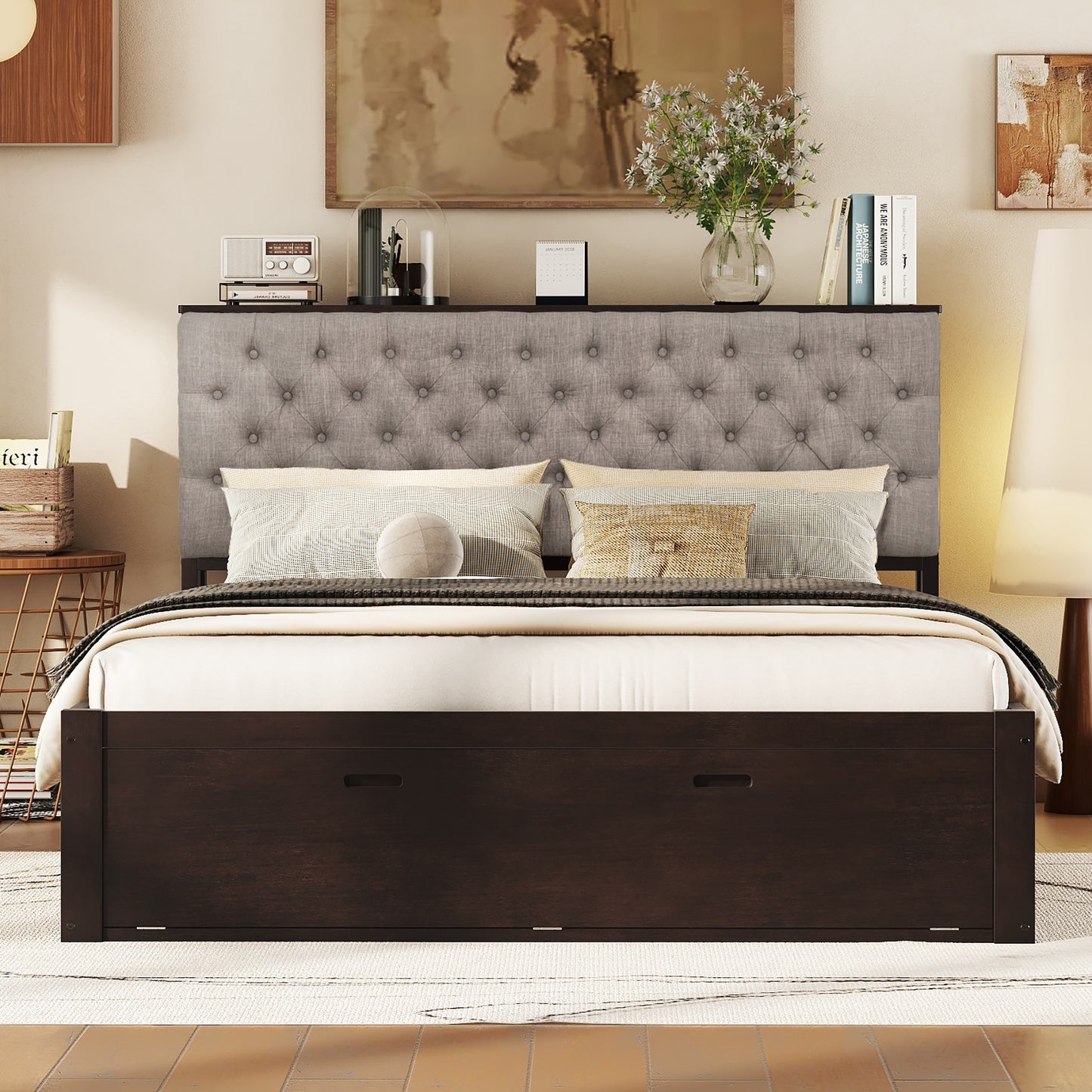 Espresso Queen Size Platform Bed with Storage Headboard & Drawers for Bedroom
