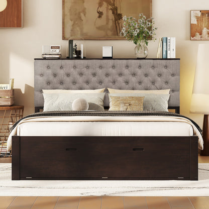 Espresso Queen Size Platform Bed with Storage Headboard & Drawers for Bedroom