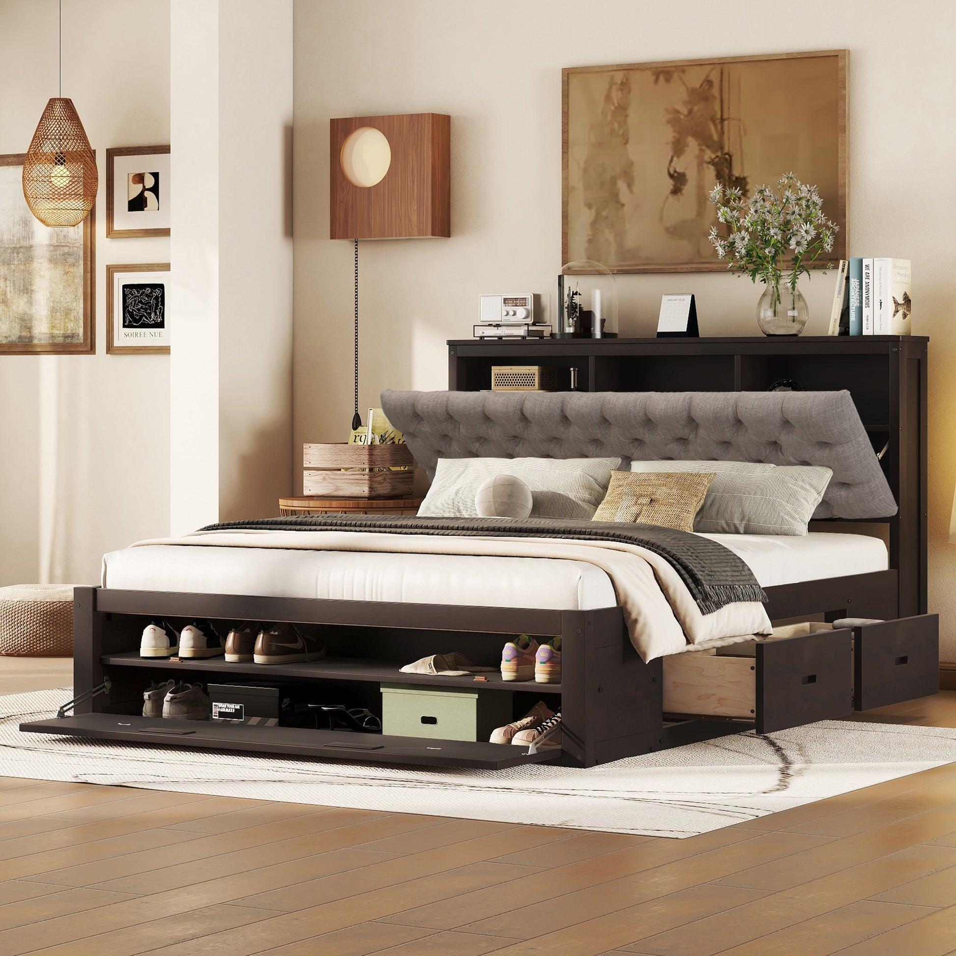 Espresso Queen Size Platform Bed with Storage Headboard & Drawers for Bedroom