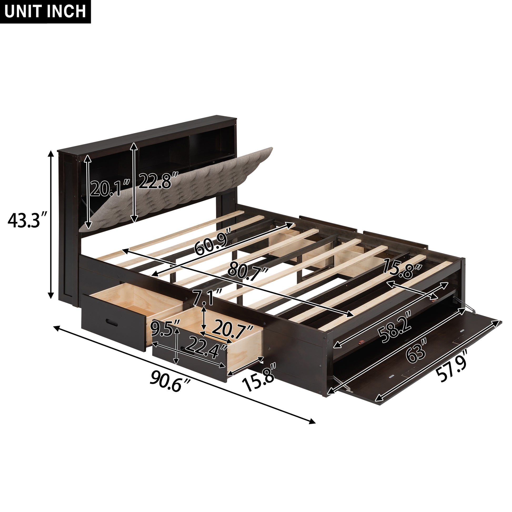 Espresso Queen Size Platform Bed with Storage Headboard & Drawers for Bedroom