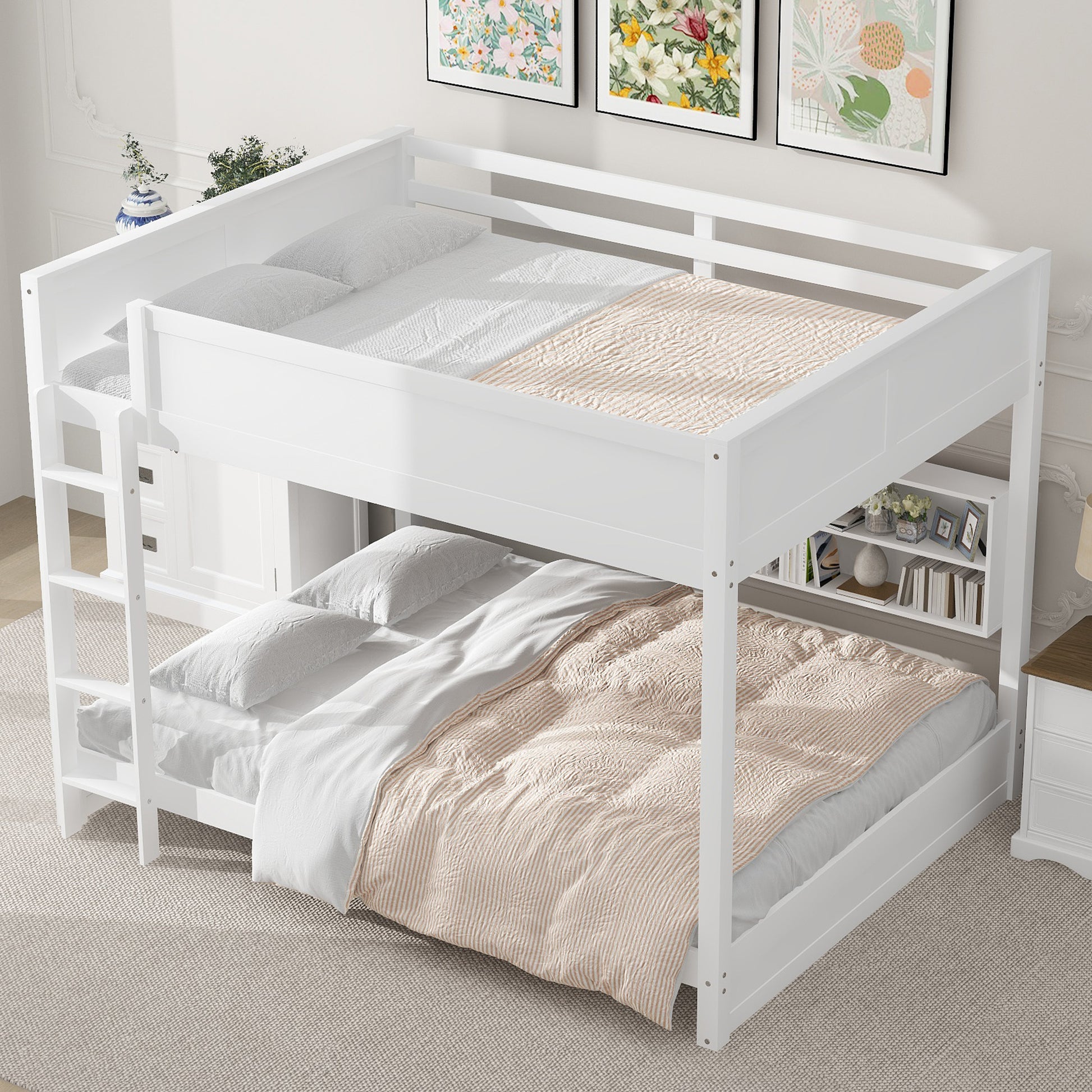 Queen Bunk Beds with Storage - White Solid Wood